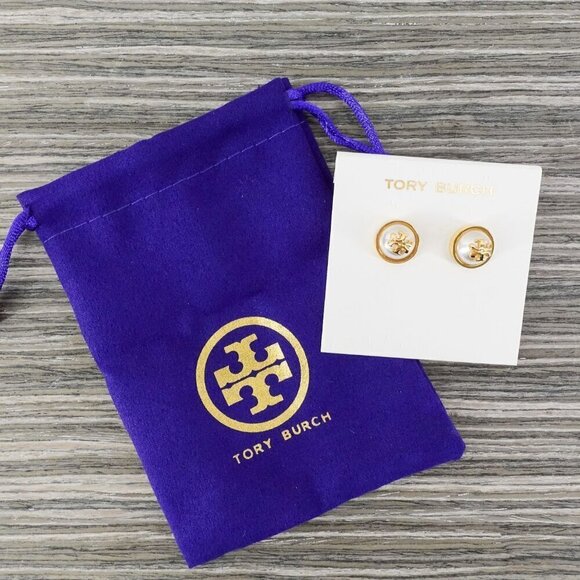 Tory Burch Melodie Pearl Logo Stud Dome Earrings White/Gold OS - Picture 10 of 12